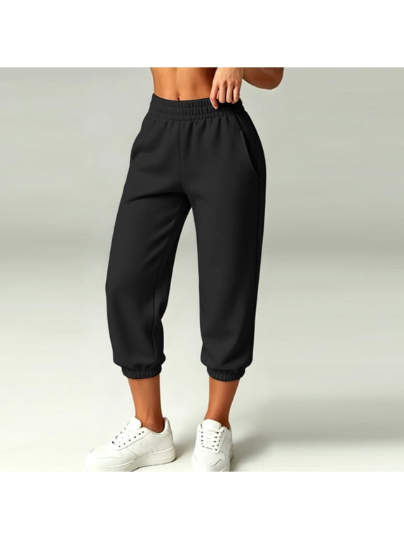 Womens High Rise Capri Sweatpants Elastic Waist Cuffed Joggers Wear Pants for Women