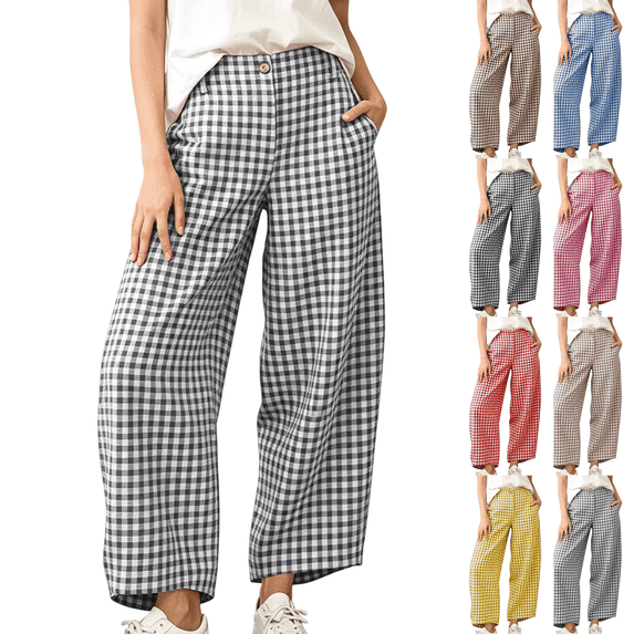 Sunnin Womens High Waist Plaid Wide Leg Pants with Pockets Button Front Curved Cropped Trousers
