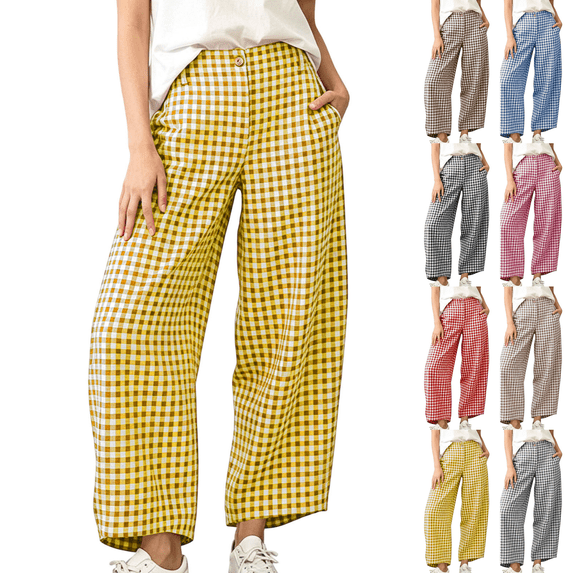 Sunnin Womens High Waist Plaid Wide Leg Pants with Pockets Button Front Curved Cropped Trousers