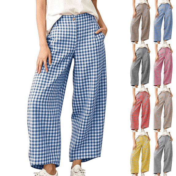 Sunnin Womens High Waist Plaid Wide Leg Pants with Pockets Button Front Curved Cropped Trousers