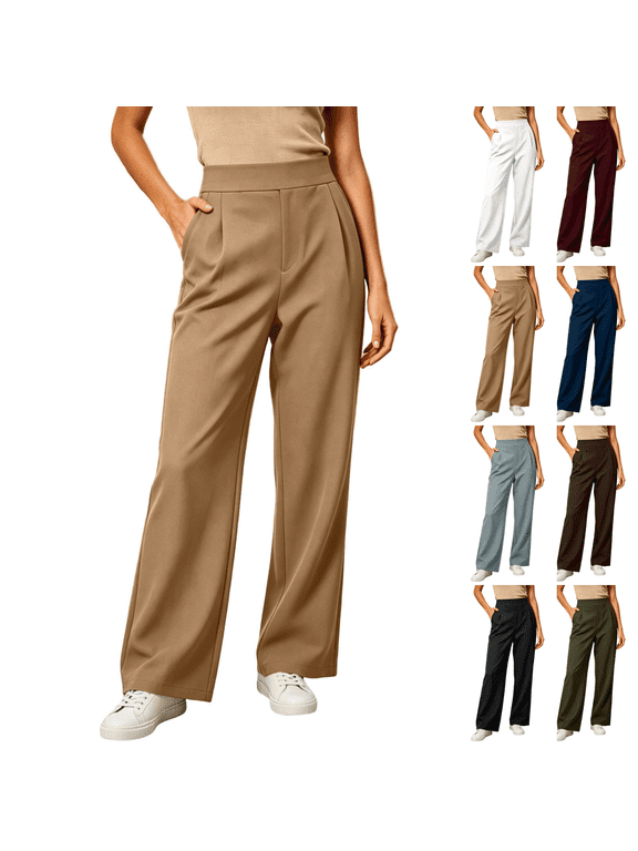 Womens High Waist Pleated Wide Leg Pants with Side Pockets Fleece Lined Winter Office Wear