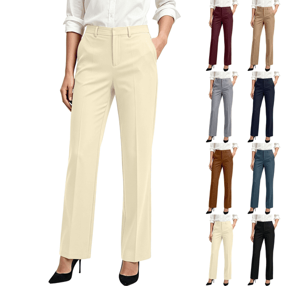 Sunnin Womens High Waisted Dress Pants Straight Leg Work Trousers with Pockets Creased
