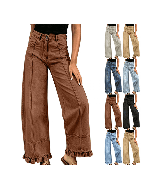 Womens Jeans Solid Color Button Zip Closure Straight Leg Ruffle Hem Comfort Pants