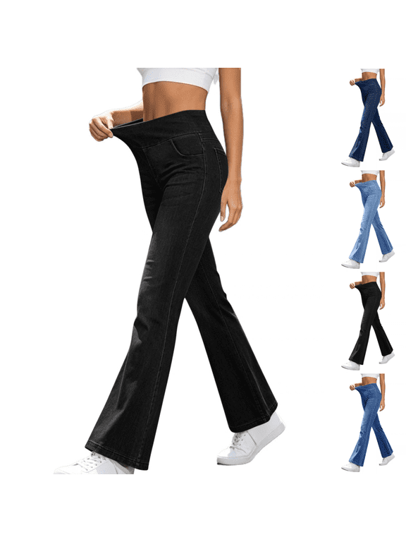 Womens Jeans Solid Color Stretch Elastic Waist Flare Bootcut Denim Pants with Pockets