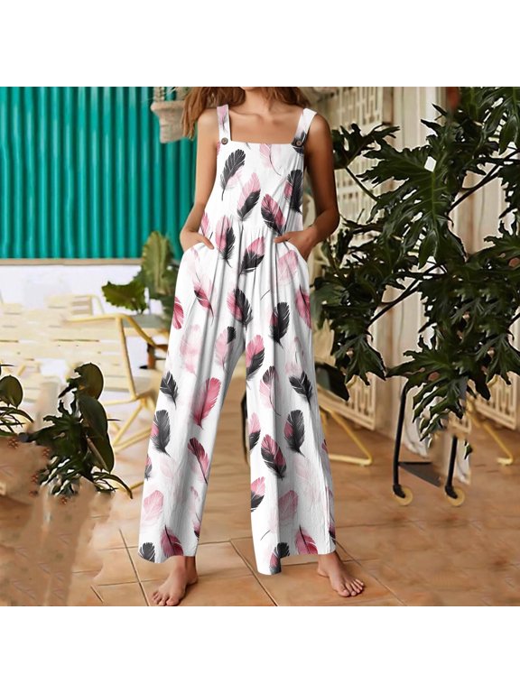 Womens Jumpsuit Print Pattern Button Detail Adjustable Straps Wide Leg with Pockets