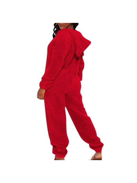 Womens Jumpsuit Solid Color Hooded Zip Closure Fleece Long Sleeve Comfort Wear Womens Pants