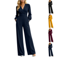 thumbnail image 1 of Sunnin Womens Jumpsuit Solid Color V Neck Long Sleeve Pleated Waist Wide Leg Jumpsuit Comfortable, 1 of 6