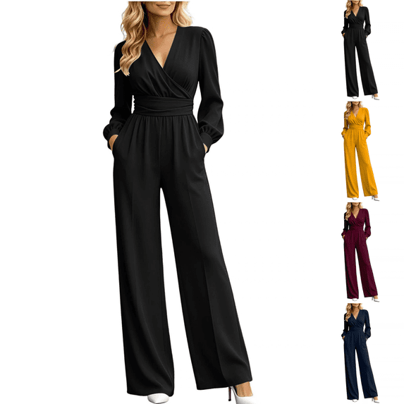 Sunnin Womens Jumpsuit Solid Color V Neck Long Sleeve Pleated Waist Wide Leg Jumpsuit Comfortable