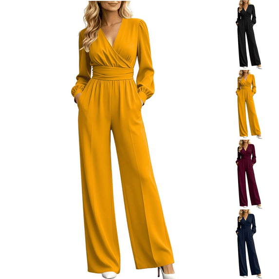 Sunnin Womens Jumpsuit Solid Color V Neck Long Sleeve Zip Pleated Waist Wide Leg Lounge Wear