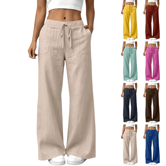 Sunnin Womens Linen Wide Leg Pants Drawstring Waist Relaxed Casual Pants with Pockets