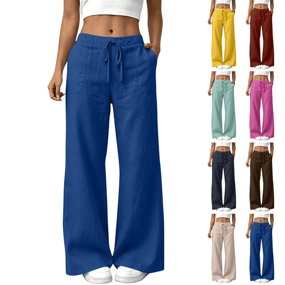 Sunnin Womens Linen Wide Leg Pants Drawstring Waist Relaxed Casual Pants with Pockets