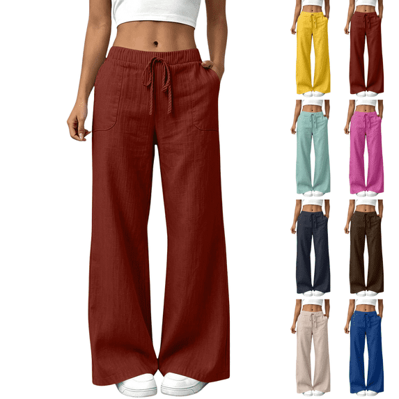 Sunnin Womens Linen Wide Leg Pants Drawstring Waist Relaxed Casual Pants with Pockets