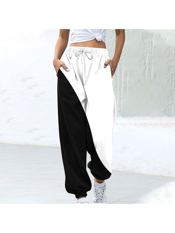 Womens Pants Color Block Drawstring Elastic Waist Cuffed Jogger Everyday Pants