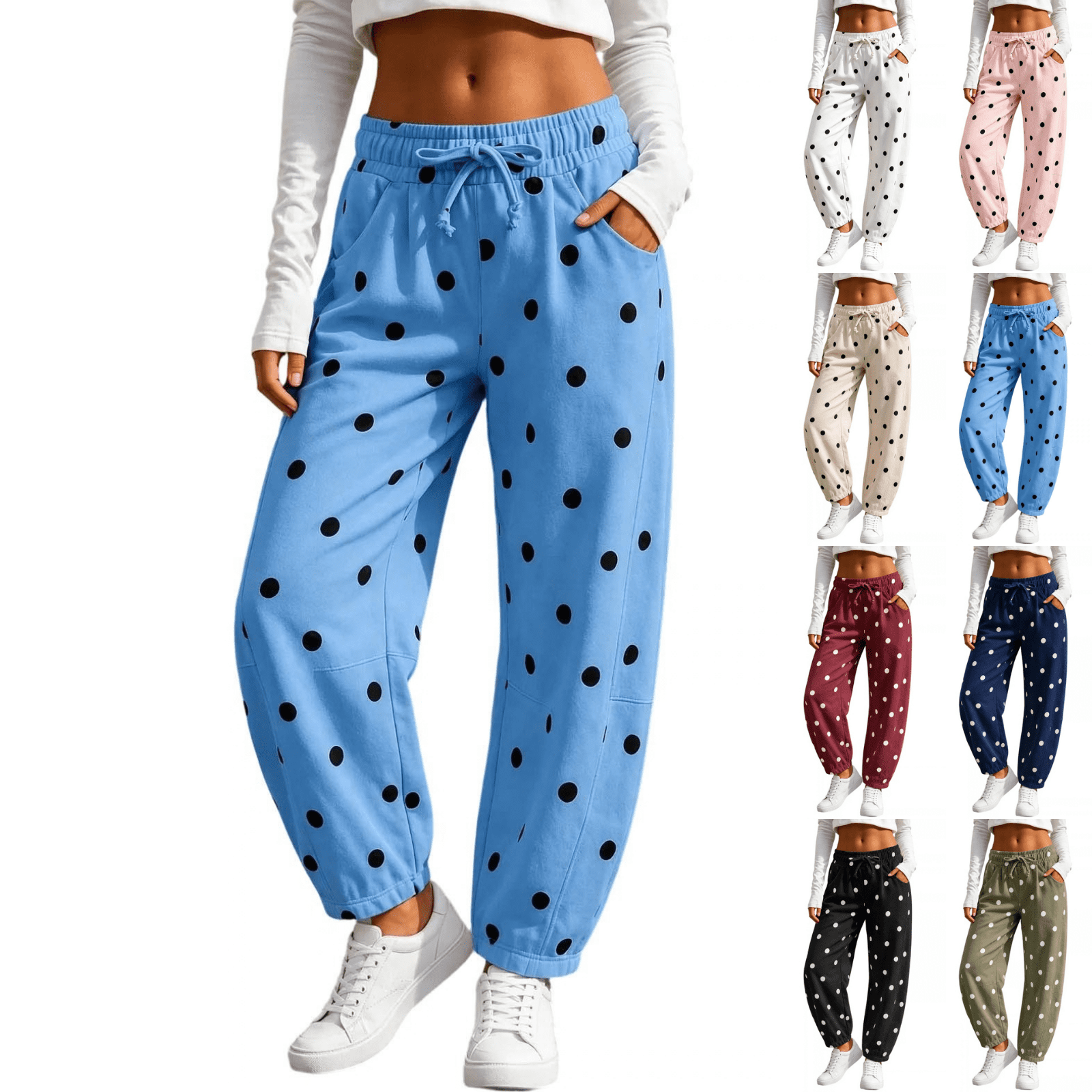 Sunnin Womens Pants Polka Dot Print Drawstring Elastic Waist Cuffed ...