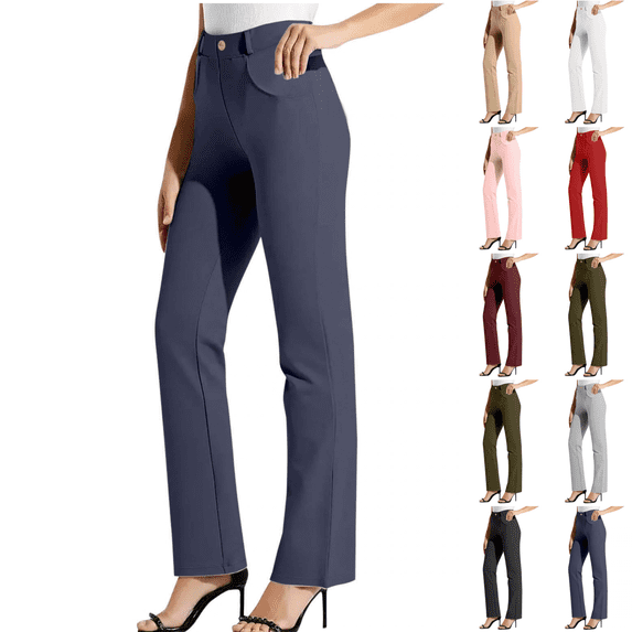 Sunnin Womens Pants Solid Color Button Closure Straight Leg High Waist Stretch Work Office Pants for Women