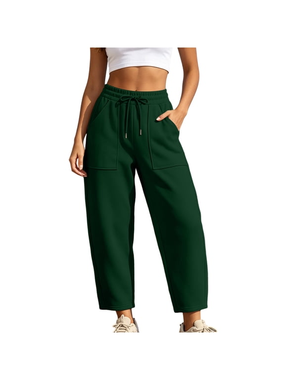 Womens Pants Solid Color Drawstring Elastic Waist Barrel Leg Cropped Everyday Pants for Women
