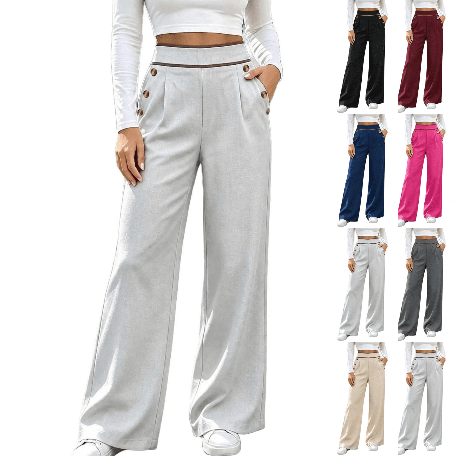 Sunnin Womens Pants Solid Color Elastic Waist Button Detail Wide Leg ...