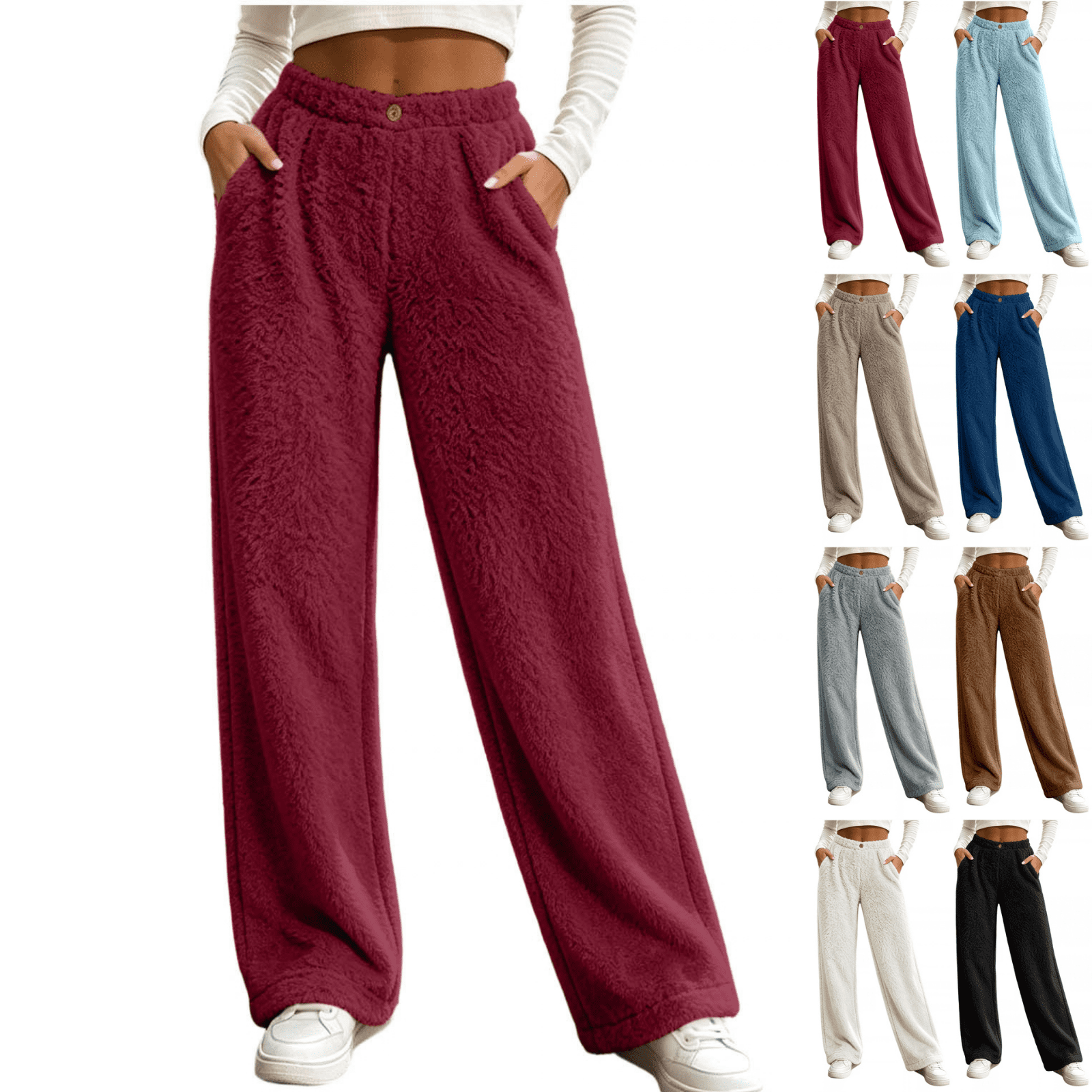 Color Button Toy Sunnin Womens Pants Solid Color Fleece Elastic Waist Button Detail ...