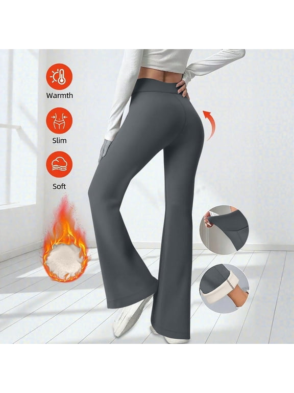 Womens Pants Solid Color Fleece Lined High Waist Bootcut Flare Everyday Pants