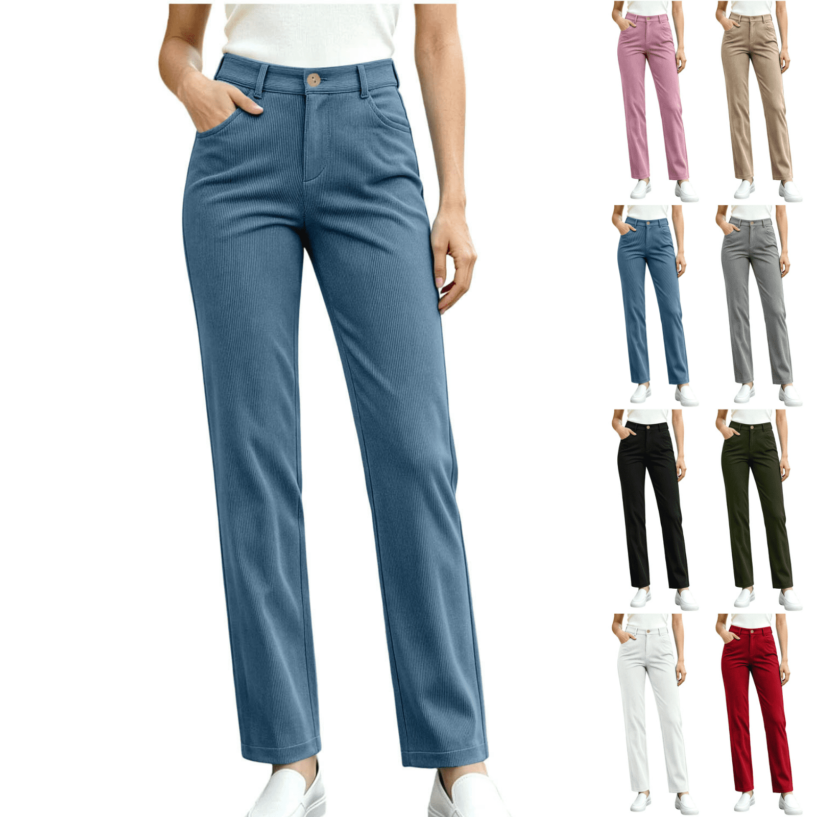 Sunnin Womens Pants Solid Color High Waist Button Zip Closure Straight ...