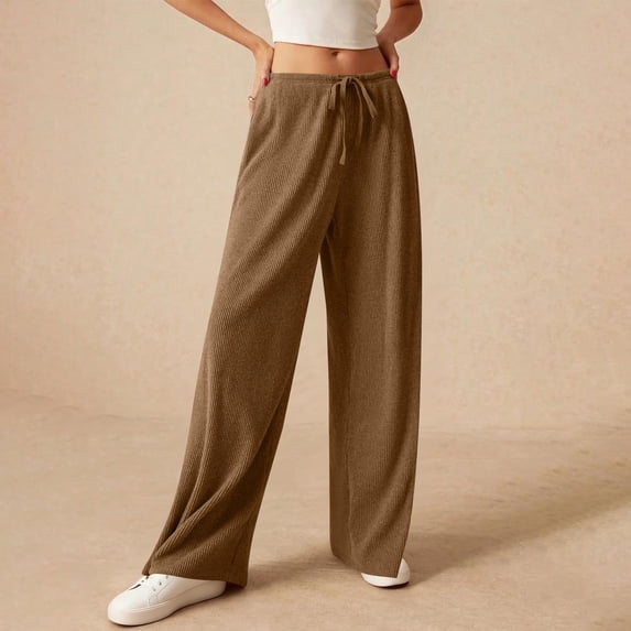 Sunnin Womens Pants Solid Color Ribbed Knit Drawstring Elastic Waist ...