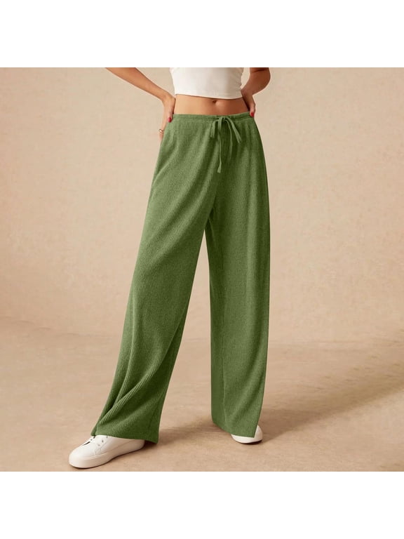 Womens Pants Solid Color Ribbed Knit Drawstring Elastic Waist Wide Leg Pants