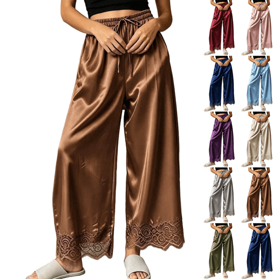 Sunnin Womens Pants Solid Color Satin Drawstring Elastic Waist with Pockets Lace Lounge Pants