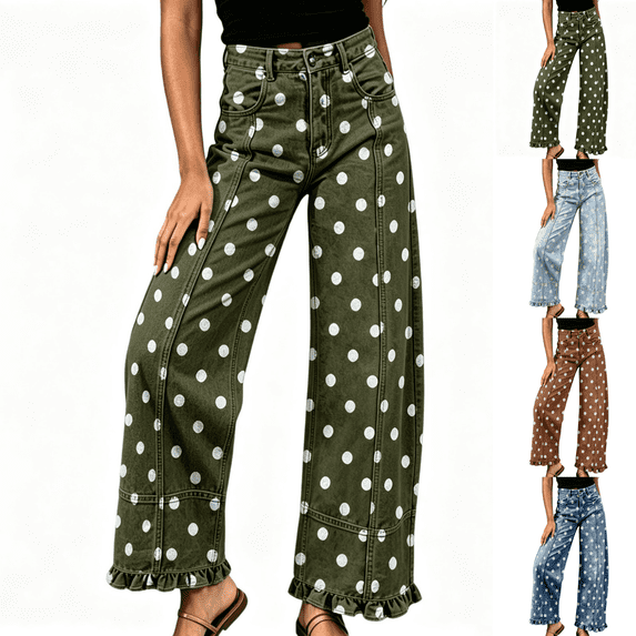Sunnin Womens Polka Dot Print Wide Leg Jeans with Pockets High Waist Casual Denim Trousers