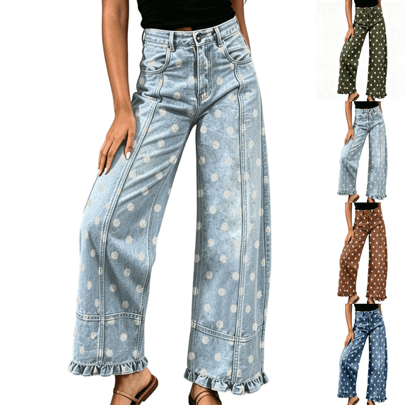 Sunnin Womens Polka Dot Print Wide Leg Jeans with Pockets High Waist Casual Denim Trousers