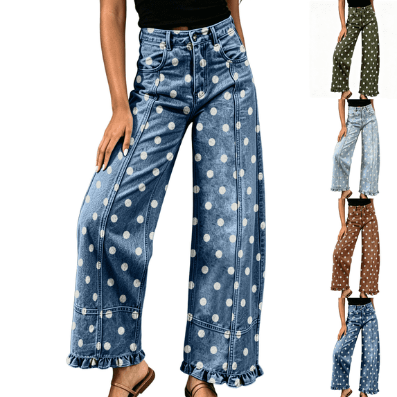 Sunnin Womens Polka Dot Print Wide Leg Jeans with Pockets High Waist Casual Denim Trousers