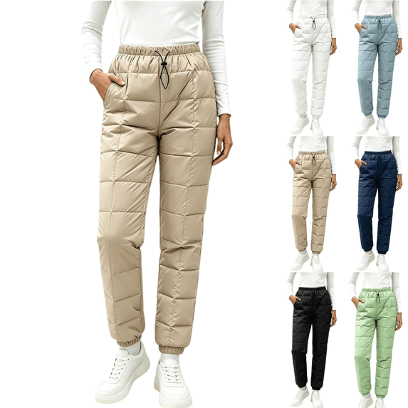 Sunnin Womens Quilted Puffer Pants Winter Snow Pants Drawstring Elastic Waist Cuffed Ankle Side Pockets Trousers