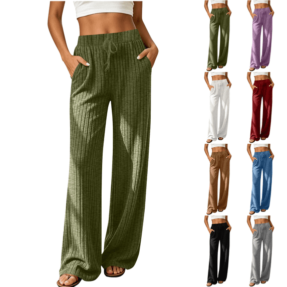Sunnin Womens Ribbed Knit Wide Leg Pants Drawstring Waist Relaxed Lounge Trousers with Pockets