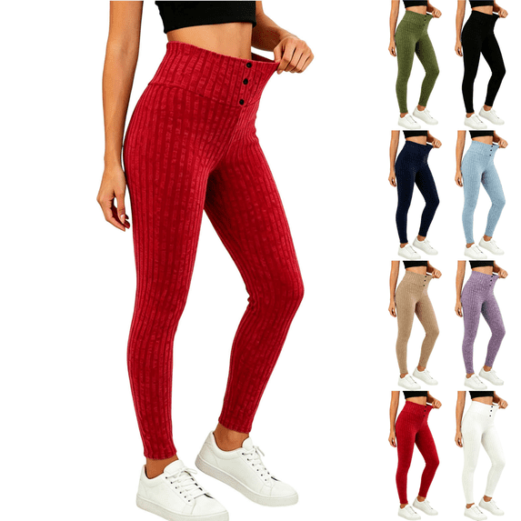 Sunnin Womens Ribbed Leggings High Waist Button Detail Stretch Winter Thermal Pants