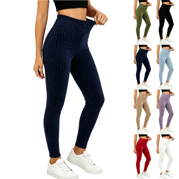 Sunnin Womens Ribbed Leggings High Waist Button Detail Stretch Winter Thermal Pants
