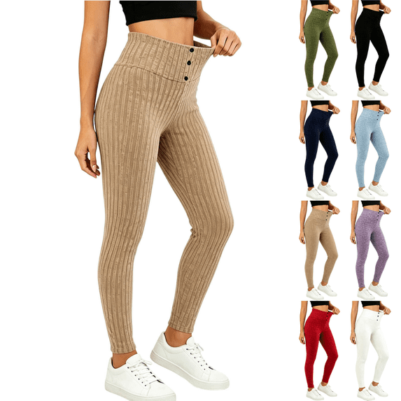 Sunnin Womens Ribbed Leggings High Waist Button Detail Stretch Winter Thermal Pants