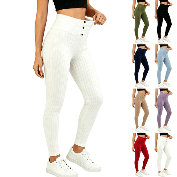 Sunnin Womens Ribbed Leggings High Waist Button Detail Stretch Winter Thermal Pants