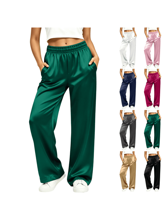 Womens Satin High Waist Wide Leg Pants with Side Pockets Elastic Waist Silky Lounge Trousers