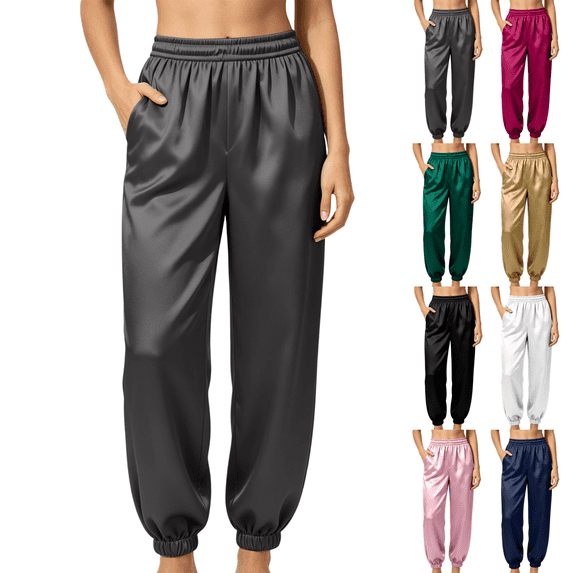 Sunnin Womens Satin Jogger Pants Elastic Waist Cuffed Ankle Side Pockets Silky Lounge Pajama Sleepwear Trousers