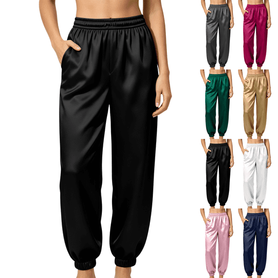 Sunnin Womens Satin Jogger Pants Elastic Waist Cuffed Ankle Side Pockets Silky Lounge Pajama Sleepwear Trousers