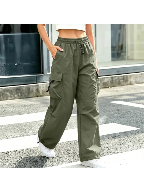 Womens Solid Color Cargo Pants High Waist Drawstring Elastic Waist Pockets Wide Leg Long Pants XS-L3