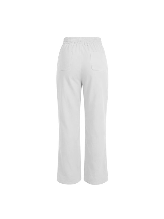 Womens Solid Color Cotton Linen Pants Drawstring Elastic Waist Pockets Side Split Long Pants S-XXL