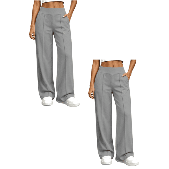 Sunnin Womens Solid Color High Waist Straight Leg Pants with Pockets 2 Pack Front Seam Casual Trousers