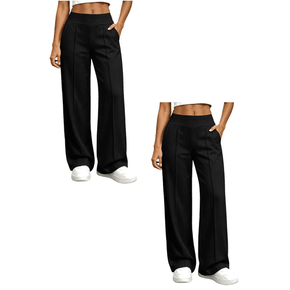 Sunnin Womens Solid Color High Waist Straight Leg Pants with Pockets 2 Pack Front Seam Casual Pants for Women