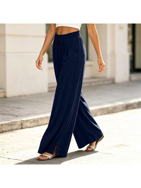 Womens Solid Color Pants Drawstring Elastic Waist Pockets Loose Casual Wide Leg Long Pants S-XXL