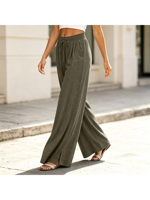 Womens Solid Color Pants Drawstring Elastic Waist Pockets Loose Casual Wide Leg Long Pants S-XXL