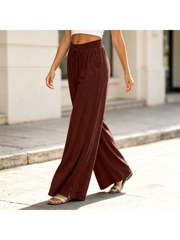 Womens Solid Color Pants Drawstring Elastic Waist Pockets Loose Casual Wide Leg Long Pants S-XXL