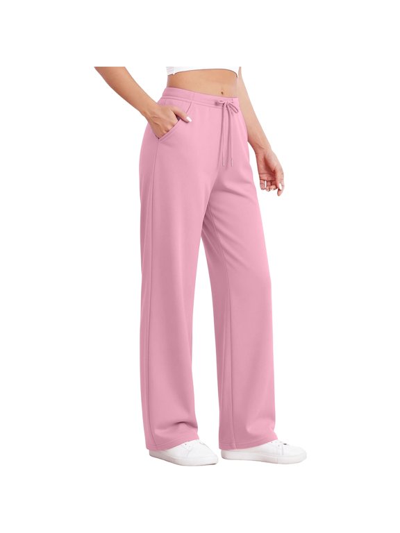 Womens Solid Color Pants Drawstring Elastic Waist Pockets Loose Straight Leg Casual Long Pants S-XXL