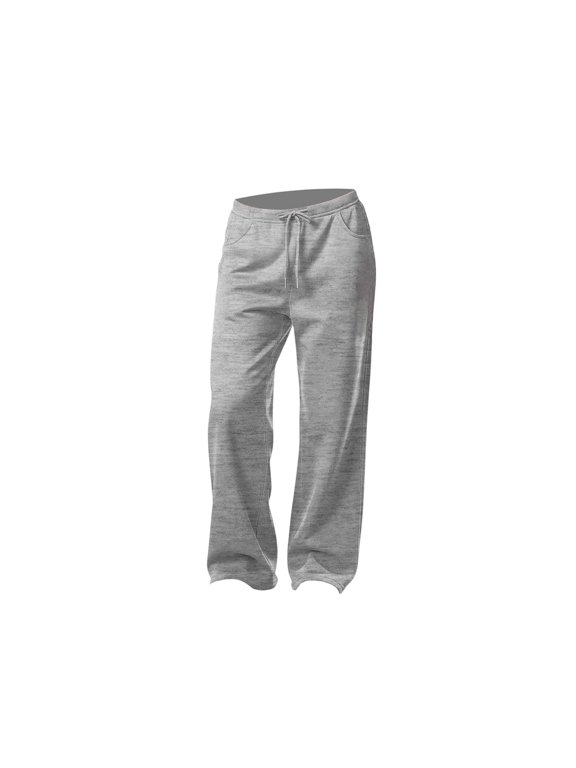 Womens Solid Color Pants Drawstring Elastic Waist Pockets Loose Straight Leg Casual Long Pants S-XXL