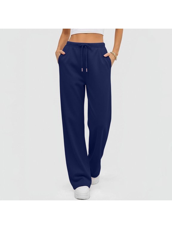 Womens Solid Color Pants Drawstring Elastic Waist Pockets Loose Straight Leg Casual Long Pants S-XXL