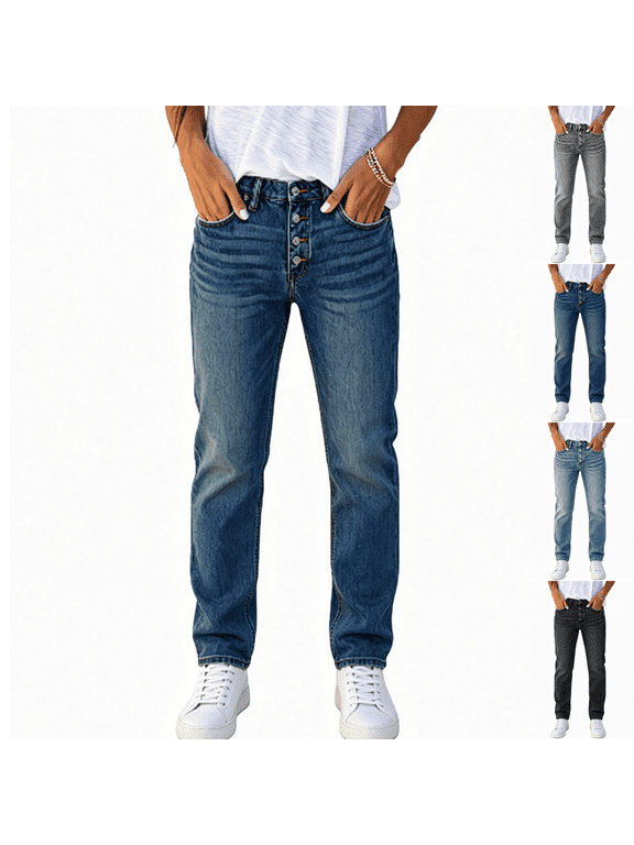 Womens Solid Winter Jeans 4 Button Fly Straight Leg Denim Pants with Pockets